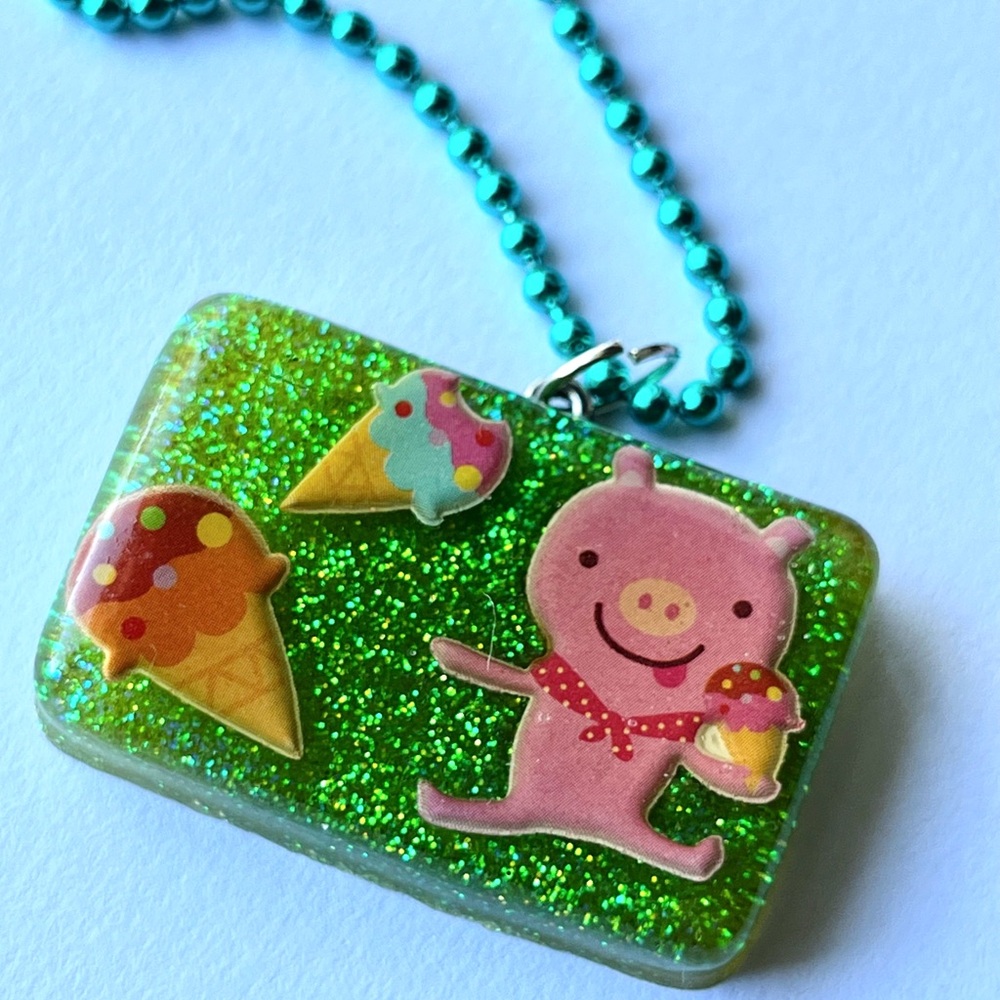 Cute Pig and Ice Cream Glitter Resin Necklace